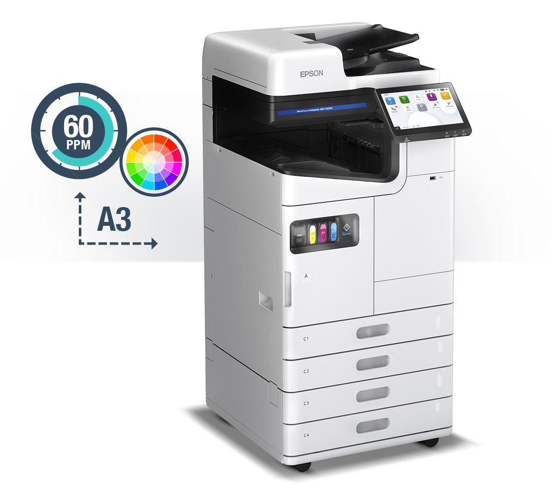 Workforce Enterprise AM-C6000 prints color and up to A3 paper size. Text: at 60ppm