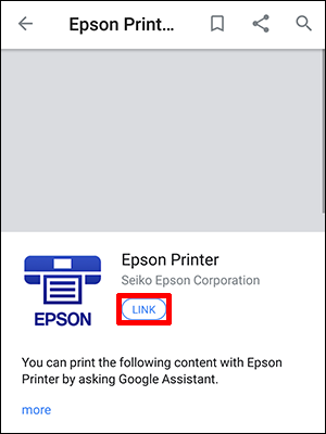 setup window with Epson printer icon and link button