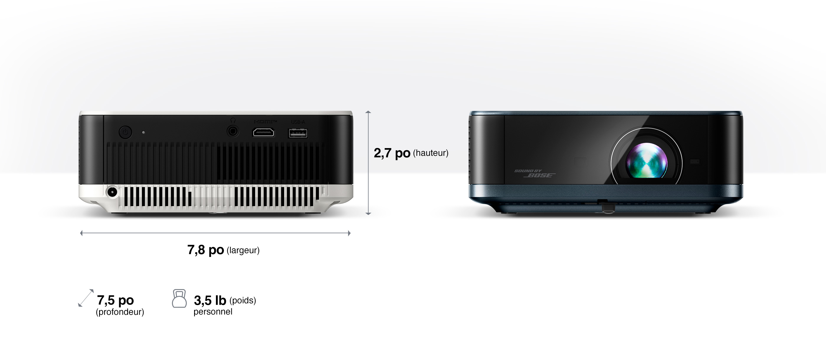 2,7 po (hauteur); 7,8 po (largeur); 7,5 po (profondeur); 3,5 lb (poids) personnel