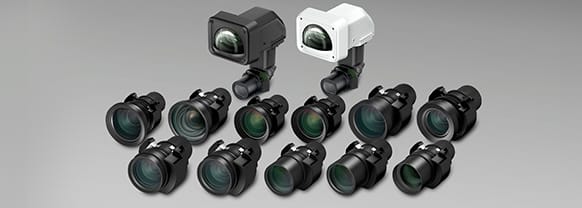 An array of Epson projector lenses