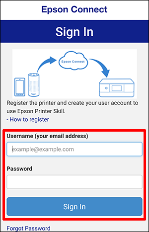 Epson connect sign in window