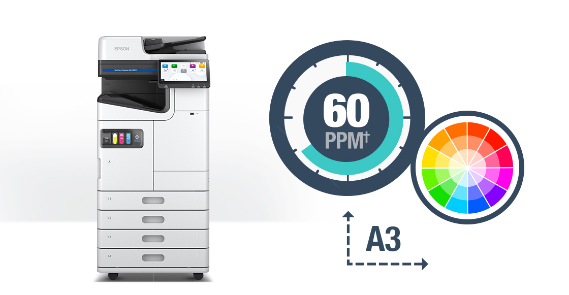WorkForce Enterprise AM-C6000 model prints color, supports up to A4 paper, and prints at 60ppm