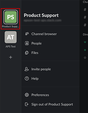 Slack Printing for iOS menu with Product Support selected