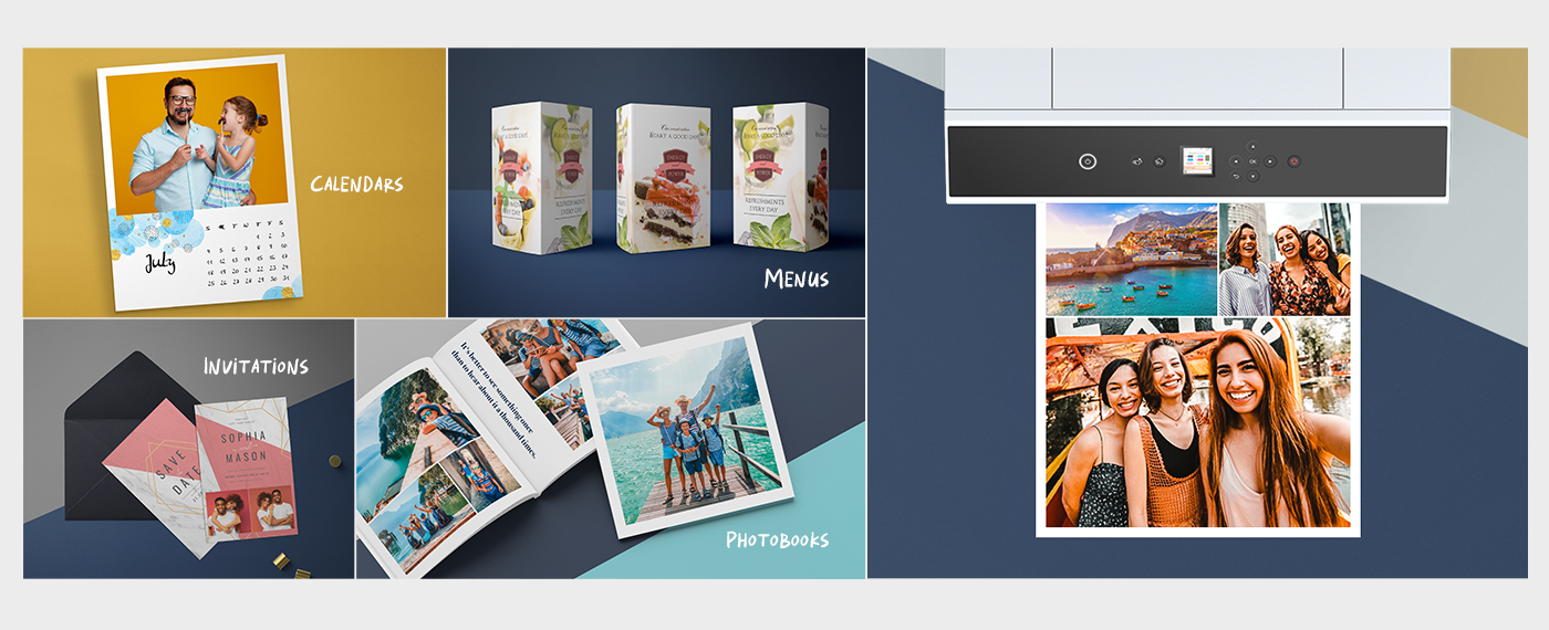 collage of products including photo calendar, printed menus, invitations, photobooks, printer with photobook page in output tray