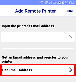 Add remote printer window with Get Email Address button selected