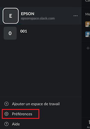 Menu d&rsquo;impression Slack pour iOS avec bouton Pr&eacute;f&eacute;rences s&eacute;lectionn&eacute;