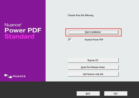 Nuance Power PDF start installation button selected