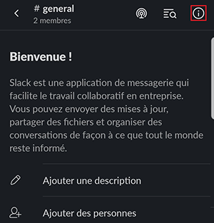 fen&ecirc;tre slack noire avec ic&ocirc;ne d&rsquo;information dans le coin sup&eacute;rieur droit s&eacute;lectionn&eacute;e
