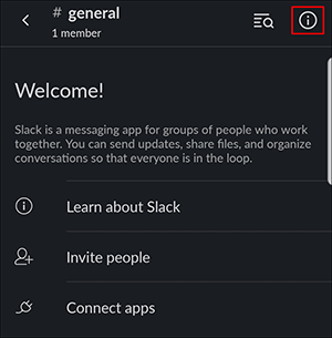 black slack window with information icon in upper right corner selected