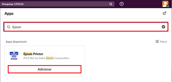 Janela escura de busca com botão adicionar selecionado no resultado de busca da impressora epson