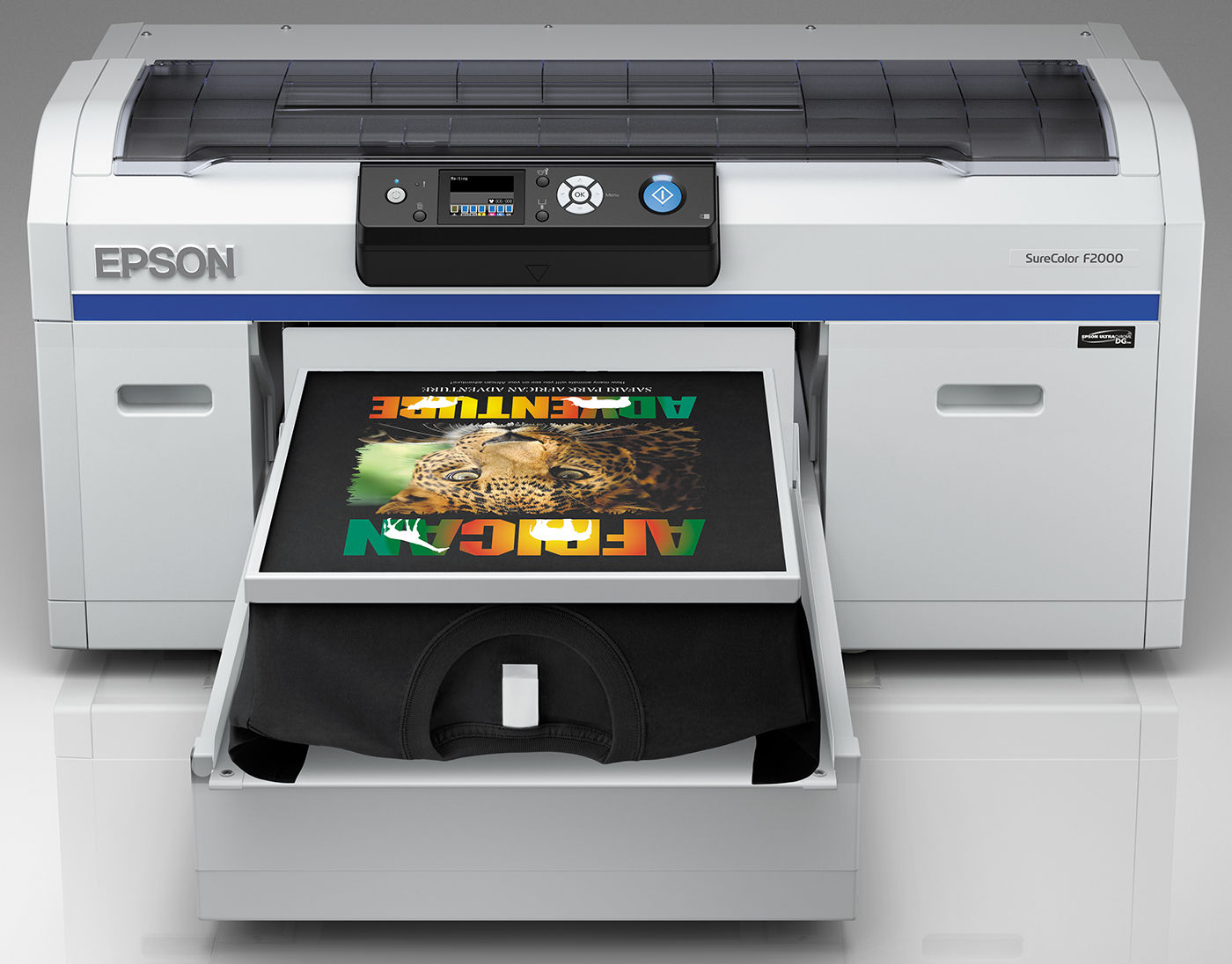 Epson SureColor F2000 large format printer printing on a black t-shirt