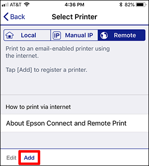select printer window with Add button selected