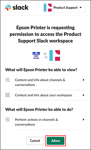 slack printing permission window with AlLow selected