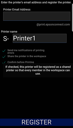 ventana negra de registro con campo Printer Email Address vacío