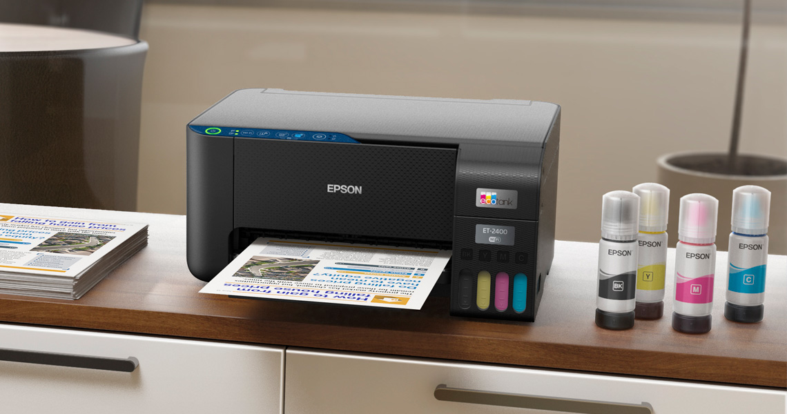 An EcoTank printer on a credenza