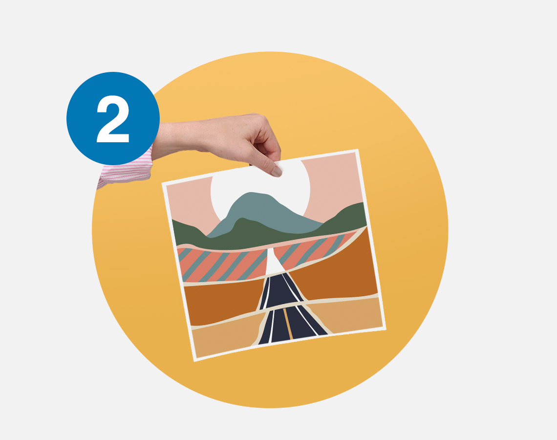 Dye-sublimation transfer film with reversed sunset landscape illustration.