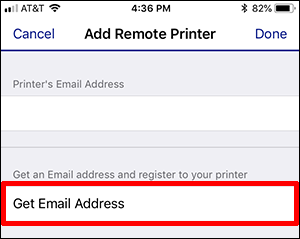 Add remote printer window with Get email address button selected