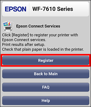Epson register window for WF-7610 and register button selected