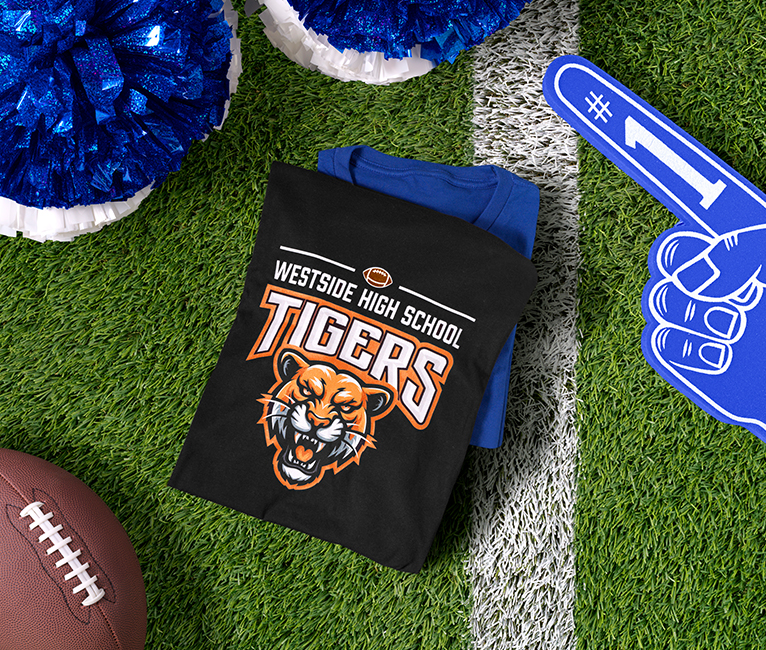 T-shirt with printed sports mascot logo and sports equipment moving in stop-motion