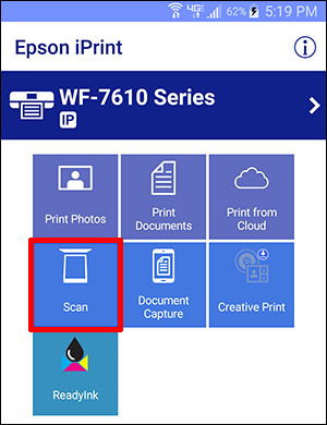 epson iPrint main menu window with Scan button selected
