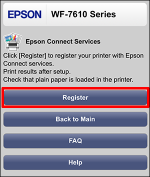 WF-7610 Series Epson Connect window with Register button selected
