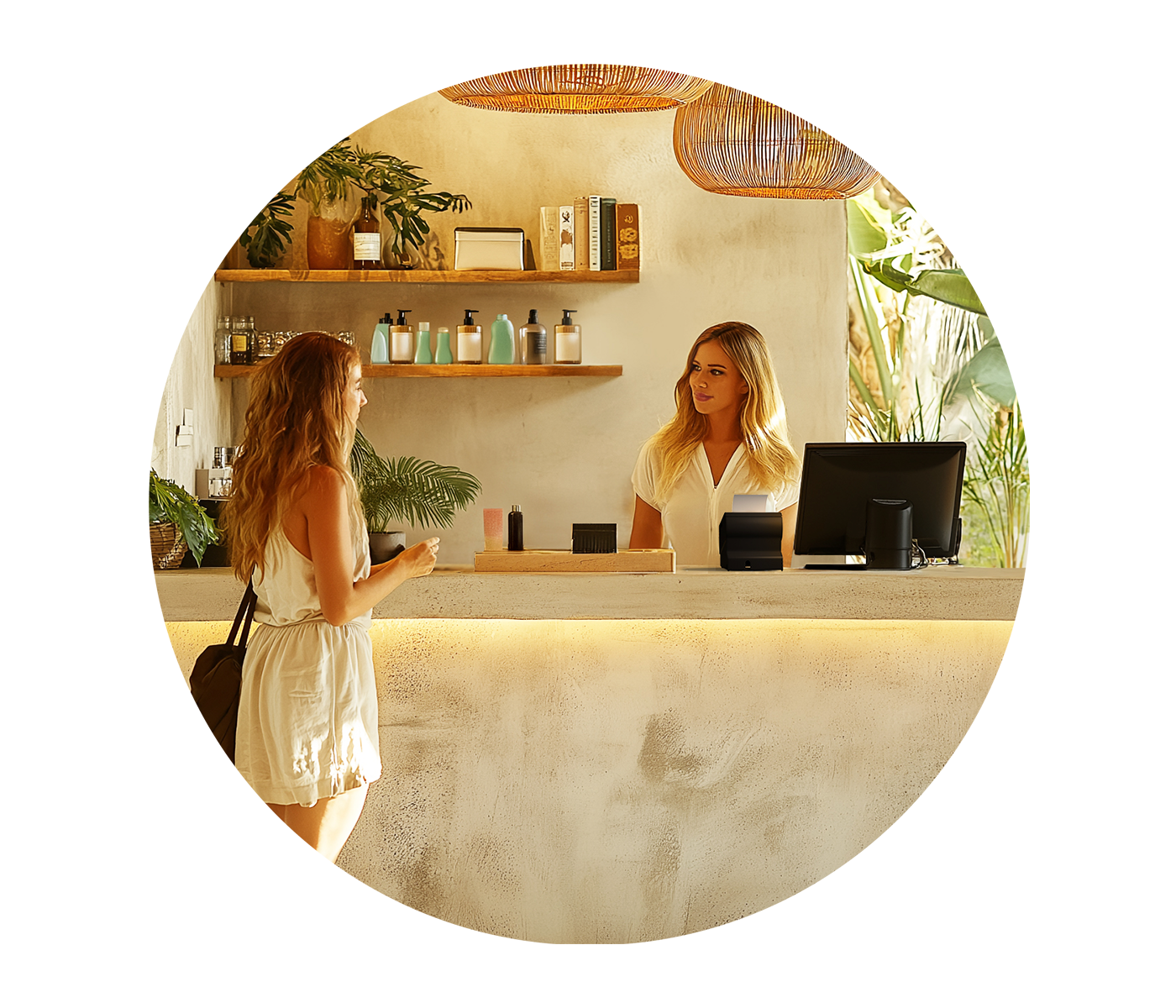 A woman at the checkout counter of a spa.