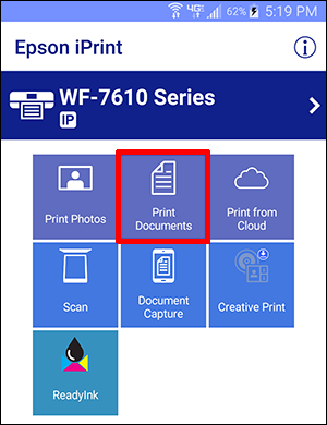 epson iprint window with print documents button selected