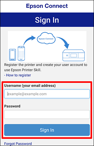 Epson Connect sign in window with Username and Password selected