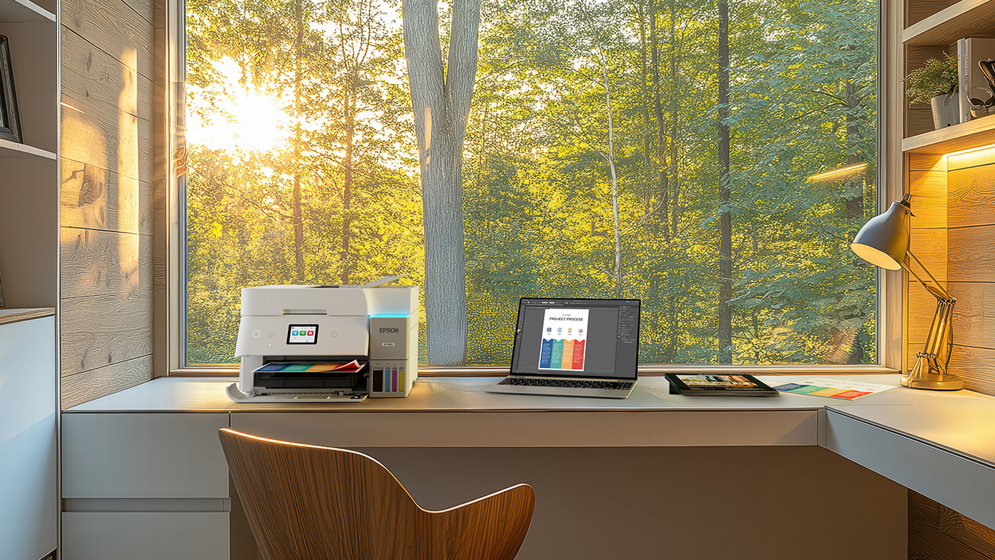 EcoTank printer and laptop on a desk with a window view of a wooded area at sunset.