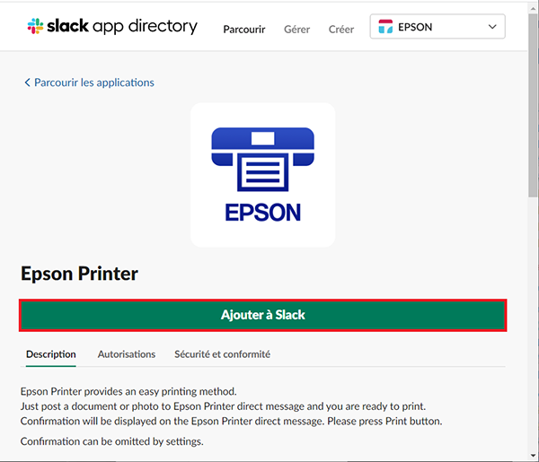 fen&ecirc;tre d&rsquo;impression slack avec ic&ocirc;ne epson et bouton ajouter &agrave; slack s&eacute;lectionn&eacute;