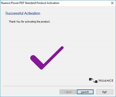 Nuance Power PDF Standard activation window with large purple check mark
