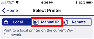 select printer window with Manual IP selected