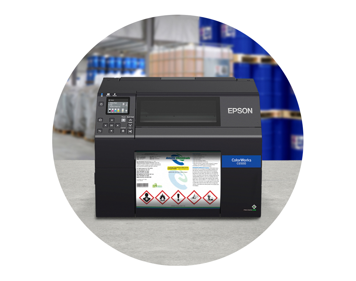 An Epson ColorWorks C6500P printer printing a GHS chemical label.