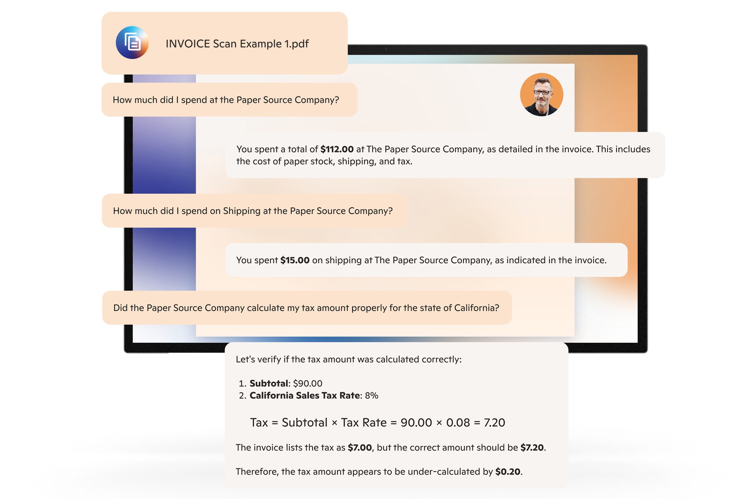 computer screen displays simulated dialog with AI assistant