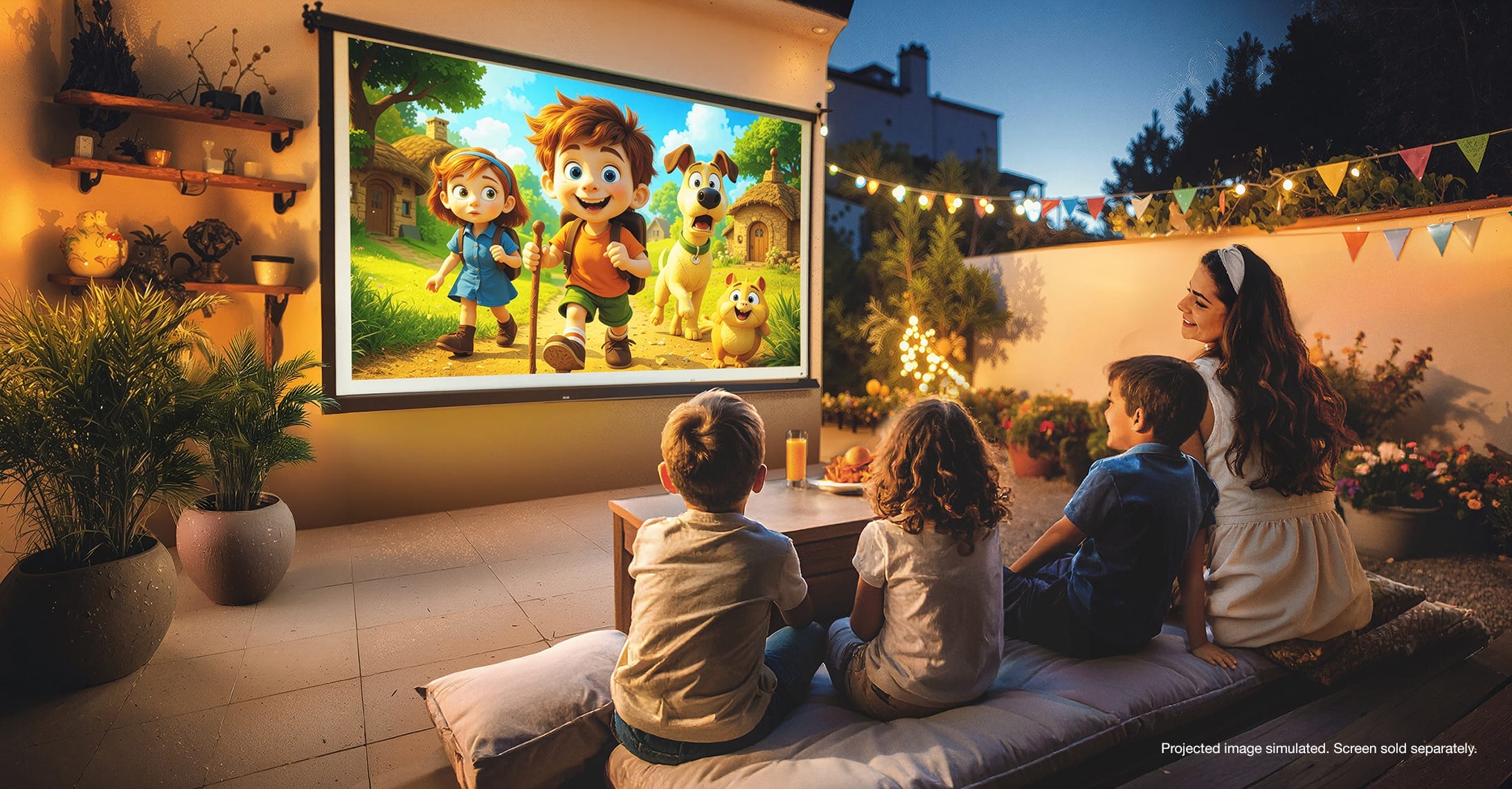 A family watching a childrens movie in an outdoor space. Project image simulated. Screen sold separately.
