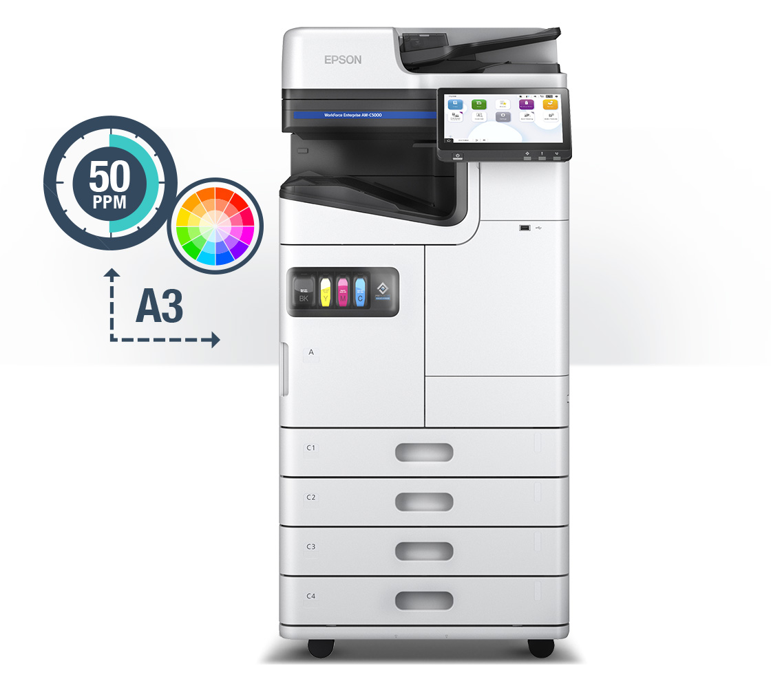 Workforce Enterprise AM-C5000 prints color and up to A3 paper size. Text: at 50ppm