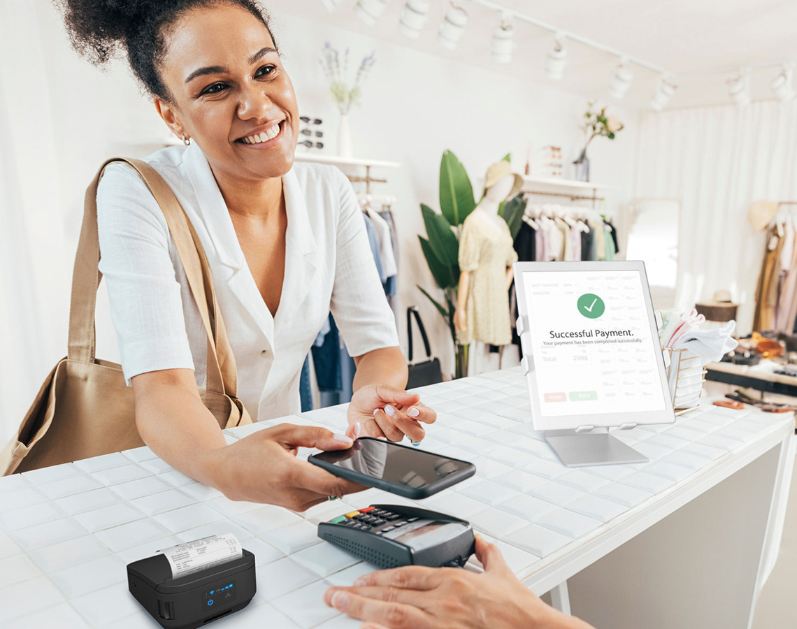 Person completing a mobile payment at a clothing store
