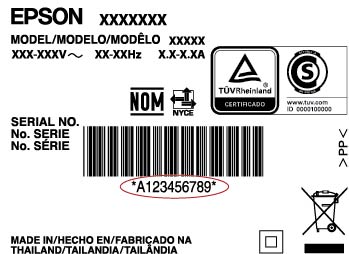 Etiqueta de um produto Epson mostrando o número do modelo, códigos de conformidade, número de série destacado com um círculo vermelho ao redor do código de barras e diversas marcas regulatórias.