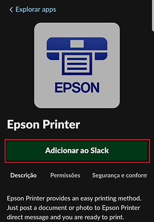 Janela escura do slack com ícone da epson e o botão adicionar ao slack selecionado