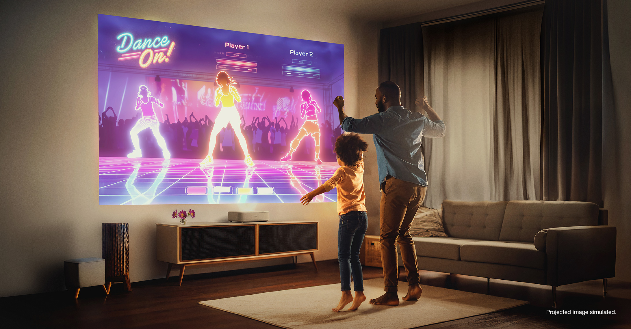 Dad and daughter playing a dancing game on a projected screen. Projected image simulated.