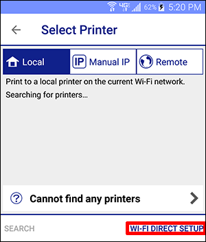 Select Printer window with Wi-Fi Direct Setup button selected