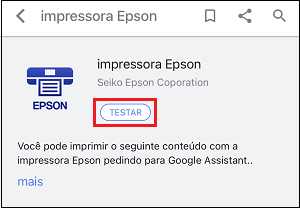 Janela do Epson Connect com ícone da impressora Epson e botão Testar selecionados