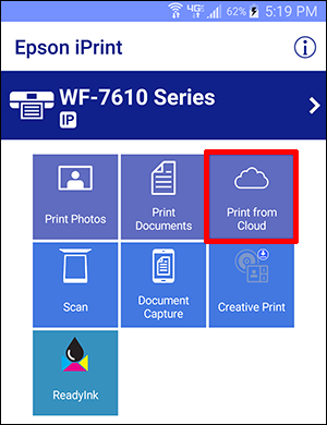 epson iprint menu window with print from cloud selected