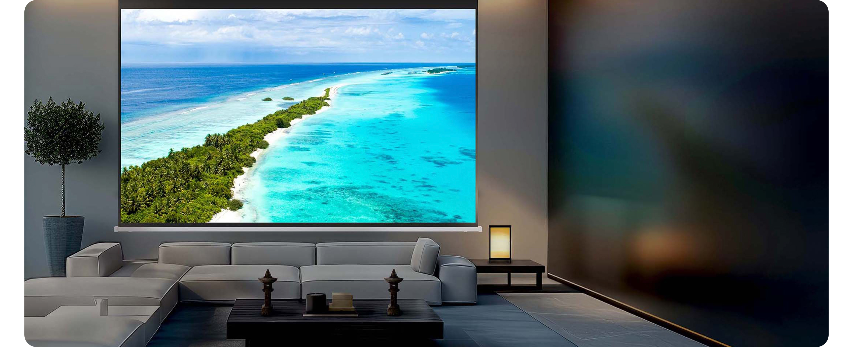 Upscale living room with beach scene projected onto a screen