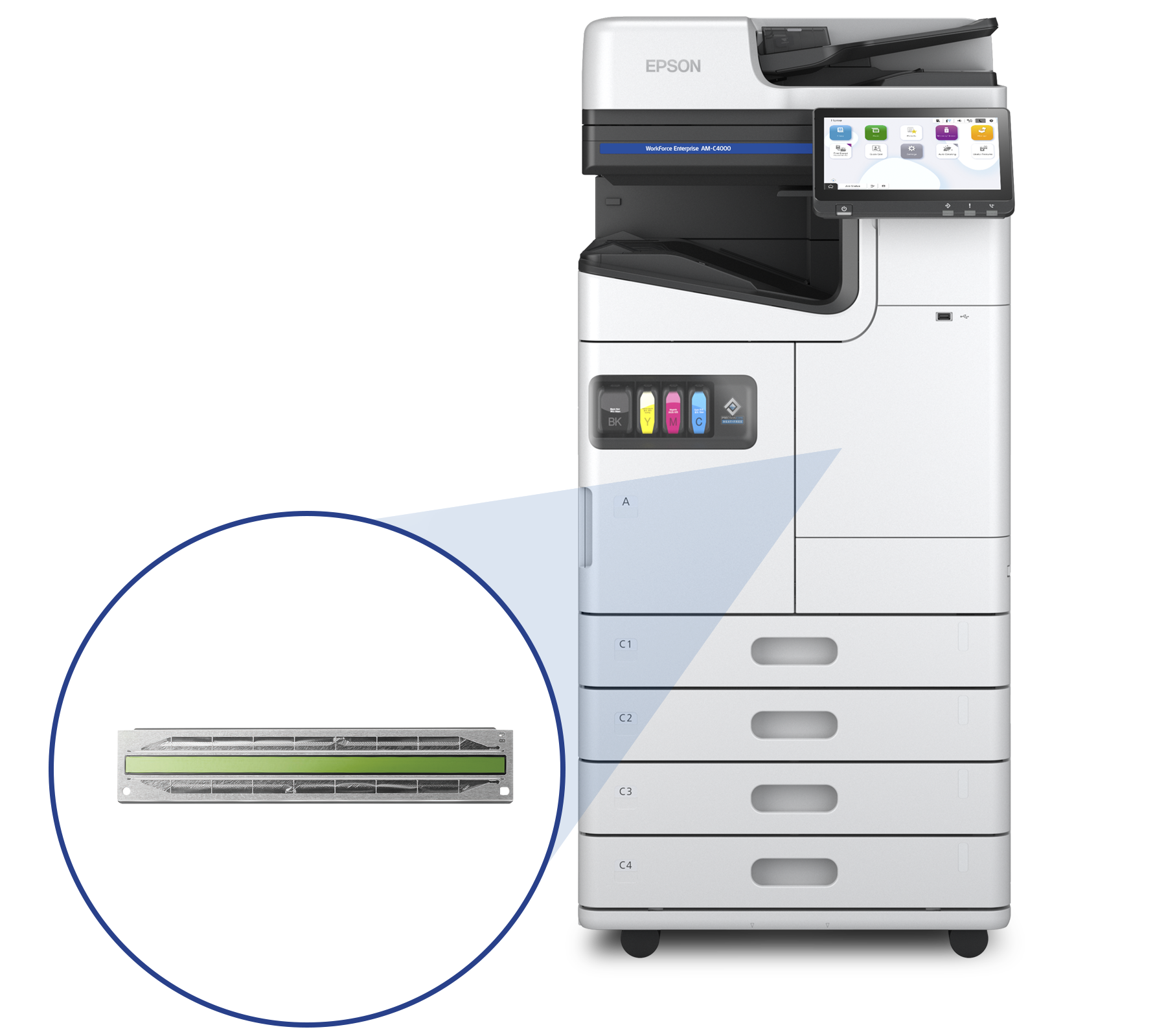 Business inkjet printer with a closeup image of the PrecisionCore print chip