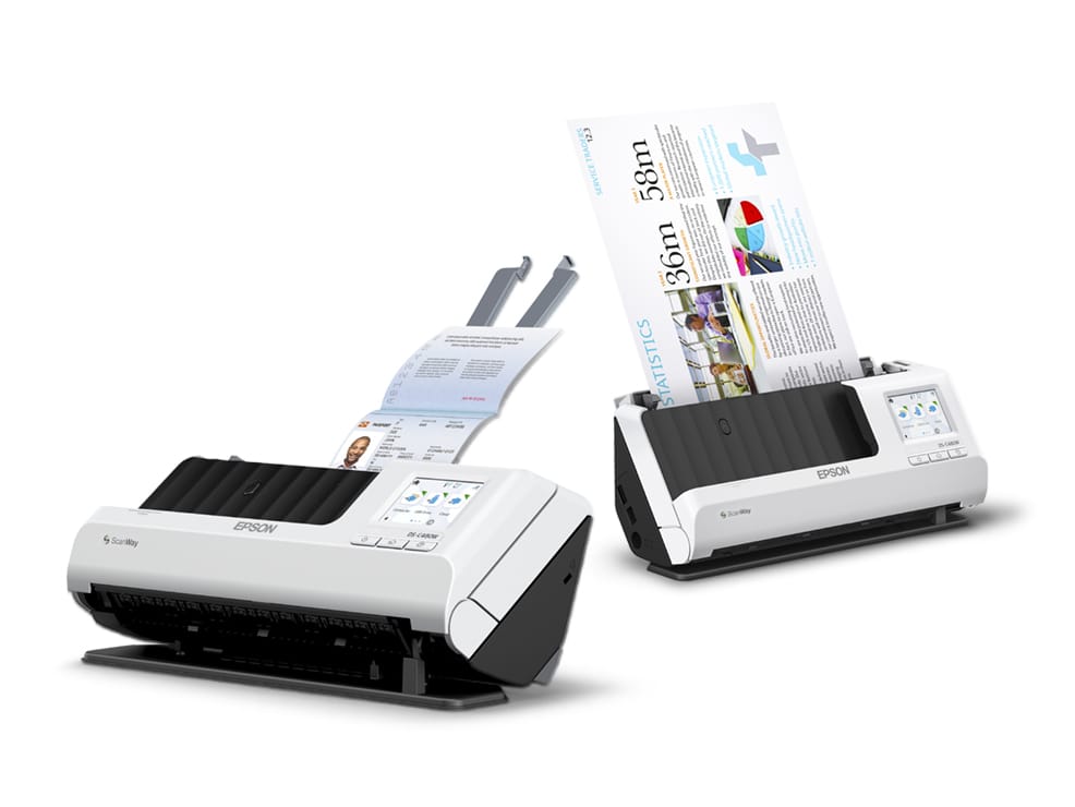 The DS-C480W is shown scanning a longer document and a passport