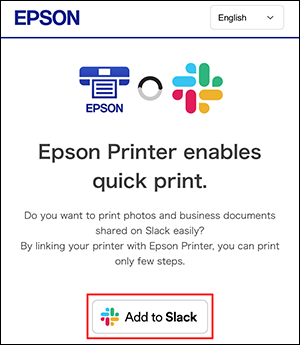 ventana de slack printing epson printer con el botón agregar a slack seleccionado