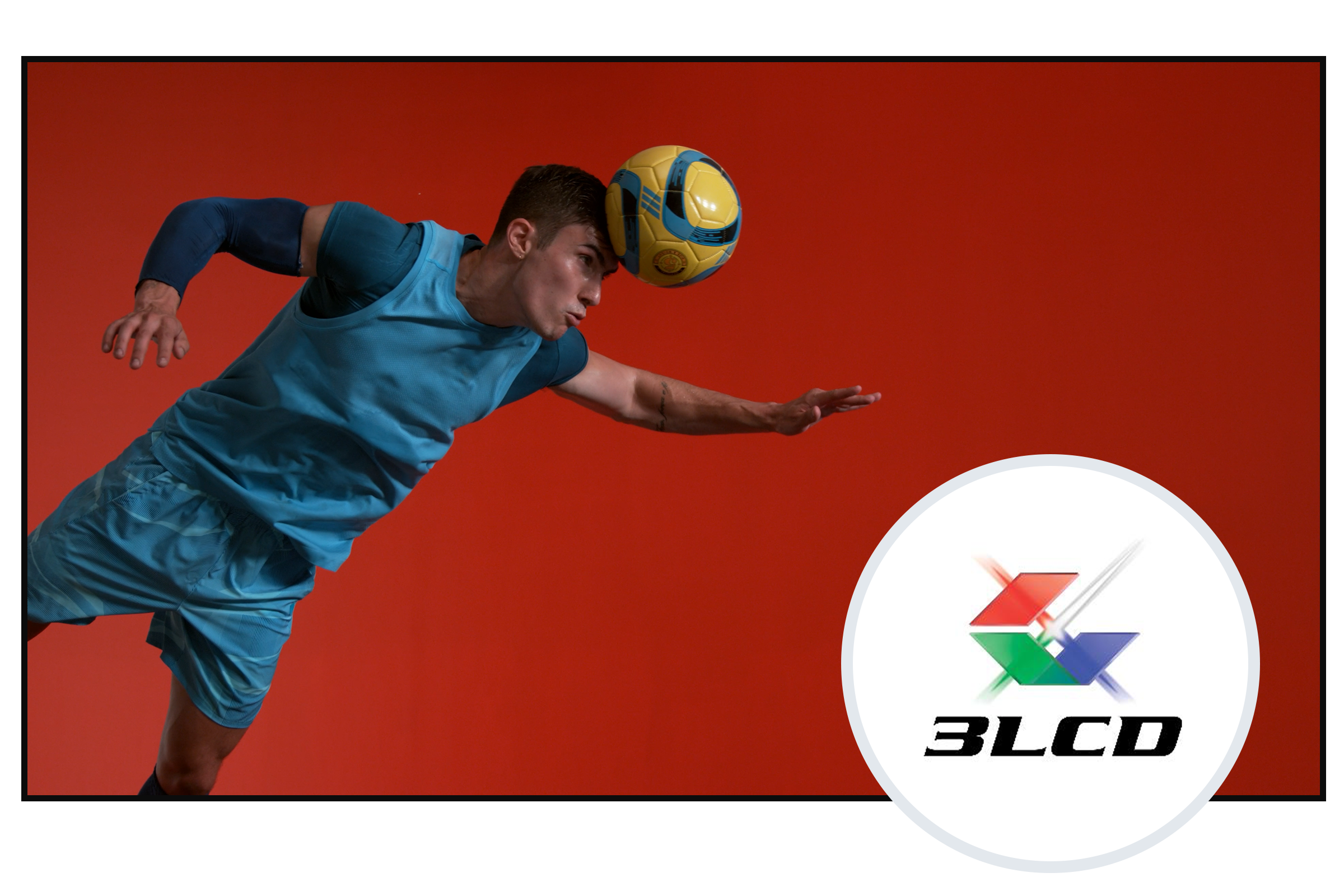 3LCD logo. Action shot of a soccer player on a projection screen.