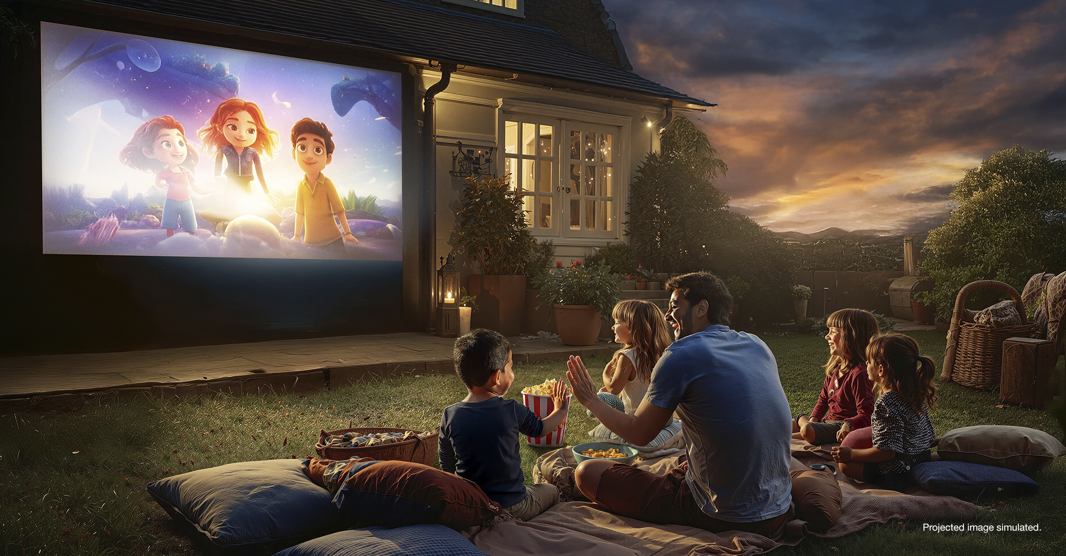 A family watching a movie on a projected display outside during sunset

