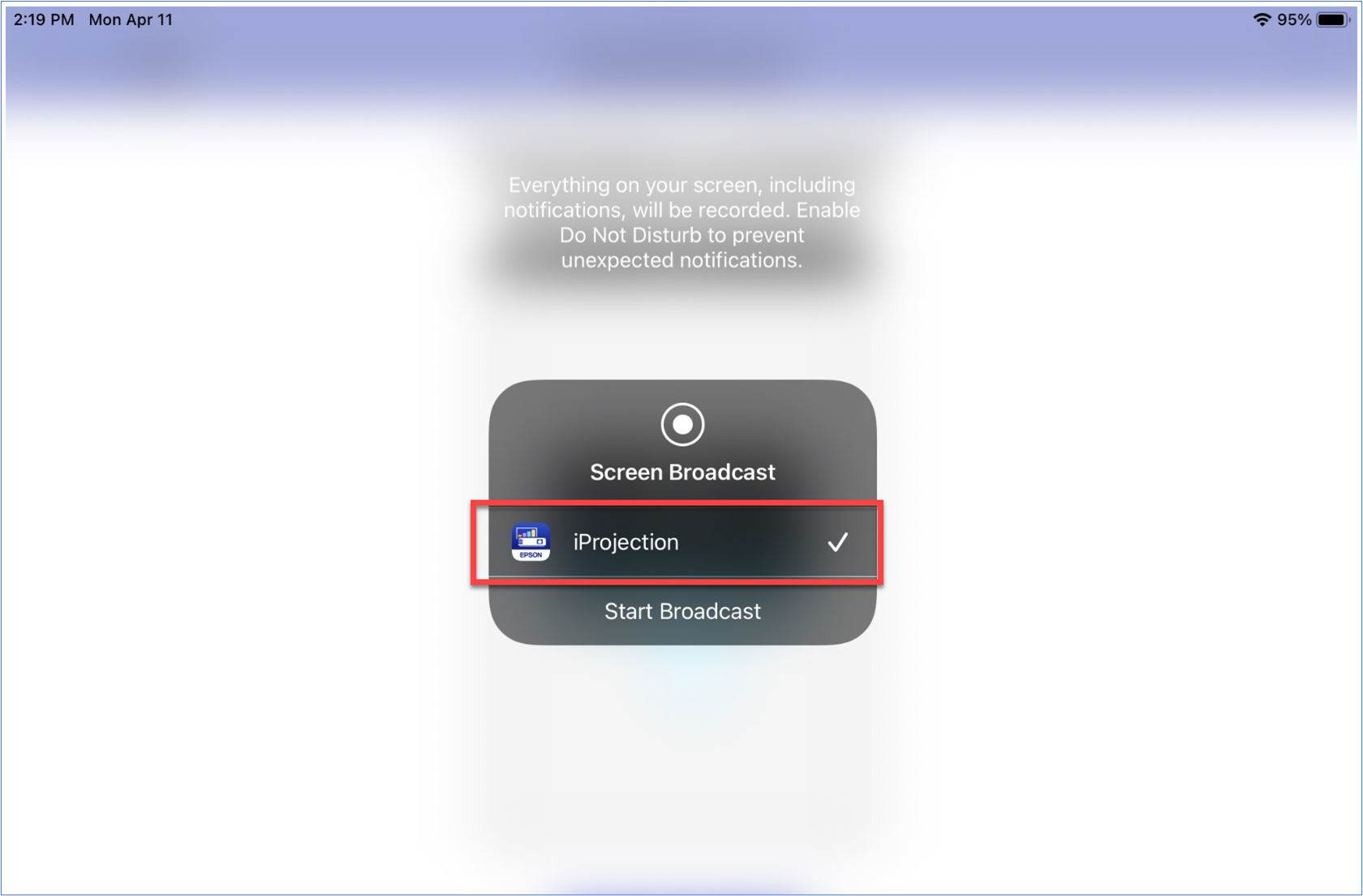 Screen broadcast window with iProjection option selected